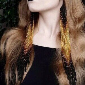 EXTRA LONG BEADED FRINGE EARRINGS BLACK GOLD CZECH BEADS 12" NWOT